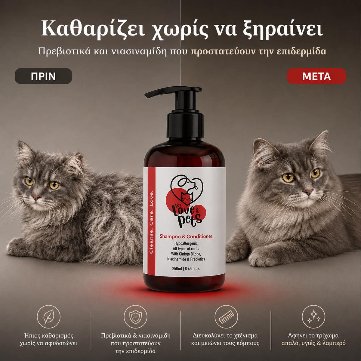 Σαμπουάν & Conditioner 2 σε 1 για Σκύλους και Γάτες- Καθαρό και απαλό Τρίχωμα με Πρεβιοτικά
