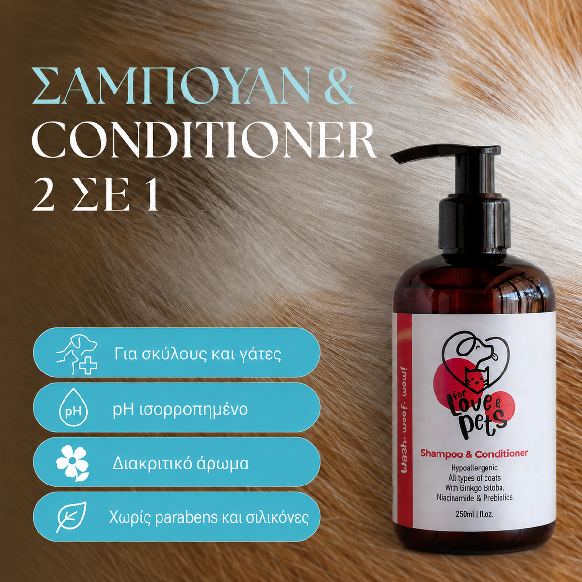 Σαμπουάν & Conditioner 2 σε 1 για Σκύλους και Γάτες- Καθαρό και απαλό Τρίχωμα με Πρεβιοτικά