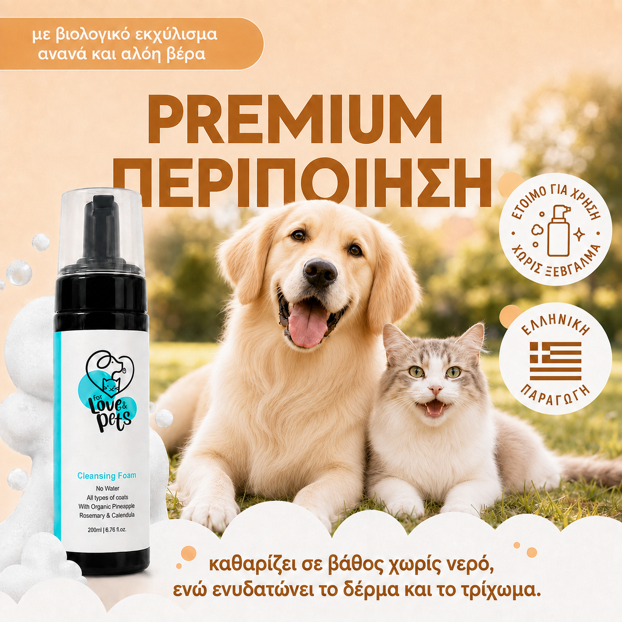 Αφρός Καθαρισμού Χωρίς Νερό για Σκύλους & Γάτες - Καθαρό Τρίχωμα Χωρίς Μπάνιο