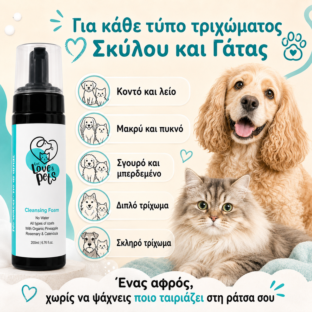 Αφρός Καθαρισμού Χωρίς Νερό για Σκύλους & Γάτες - Καθαρό Τρίχωμα Χωρίς Μπάνιο